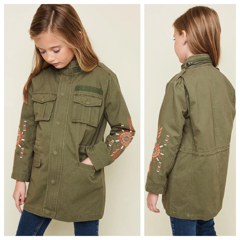 NWT Hayden Girls Embroidered Cargo Utility Jacket Army Green Size S Age 7/8